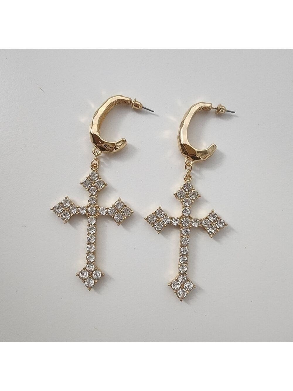 NEW Golden Embellished Statement Cross Hoop Earrings - Picture 3 of 8